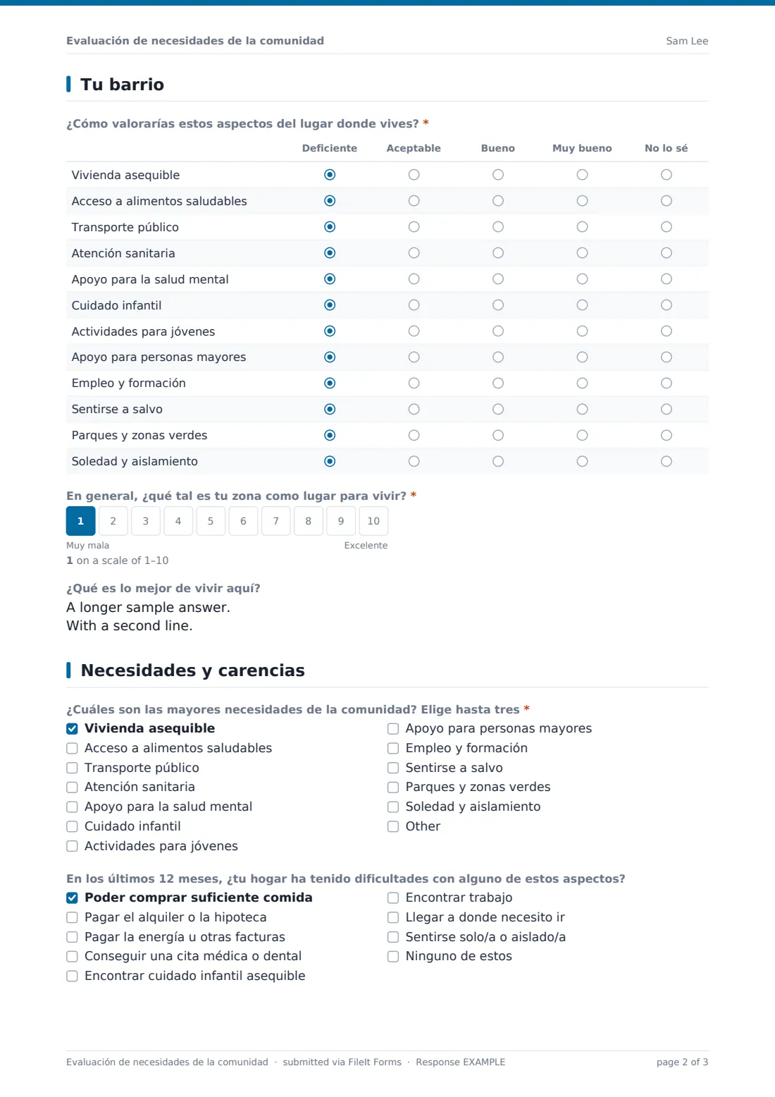 Evaluación de necesidades de la comunidad — PDF de respuesta de ejemplo, página 2 de 3