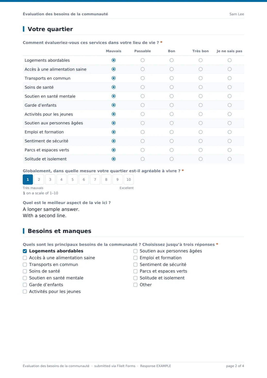 Évaluation des besoins de la communauté — exemple de réponse au format PDF, page 2 sur 4