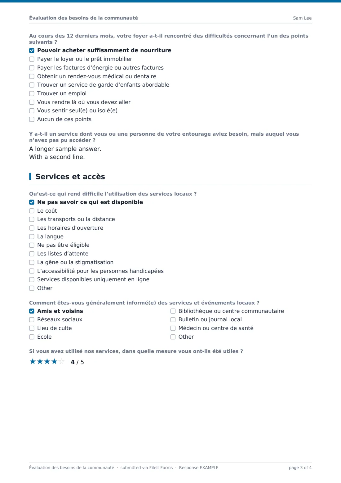 Évaluation des besoins de la communauté — exemple de réponse au format PDF, page 3 sur 4