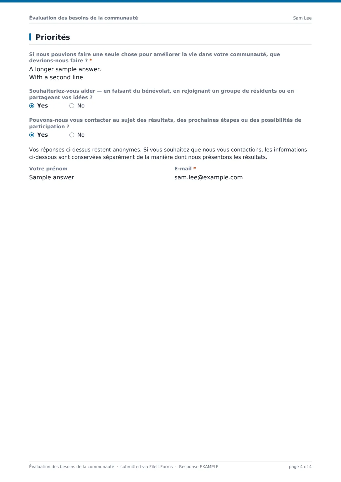 Évaluation des besoins de la communauté — exemple de réponse au format PDF, page 4 sur 4