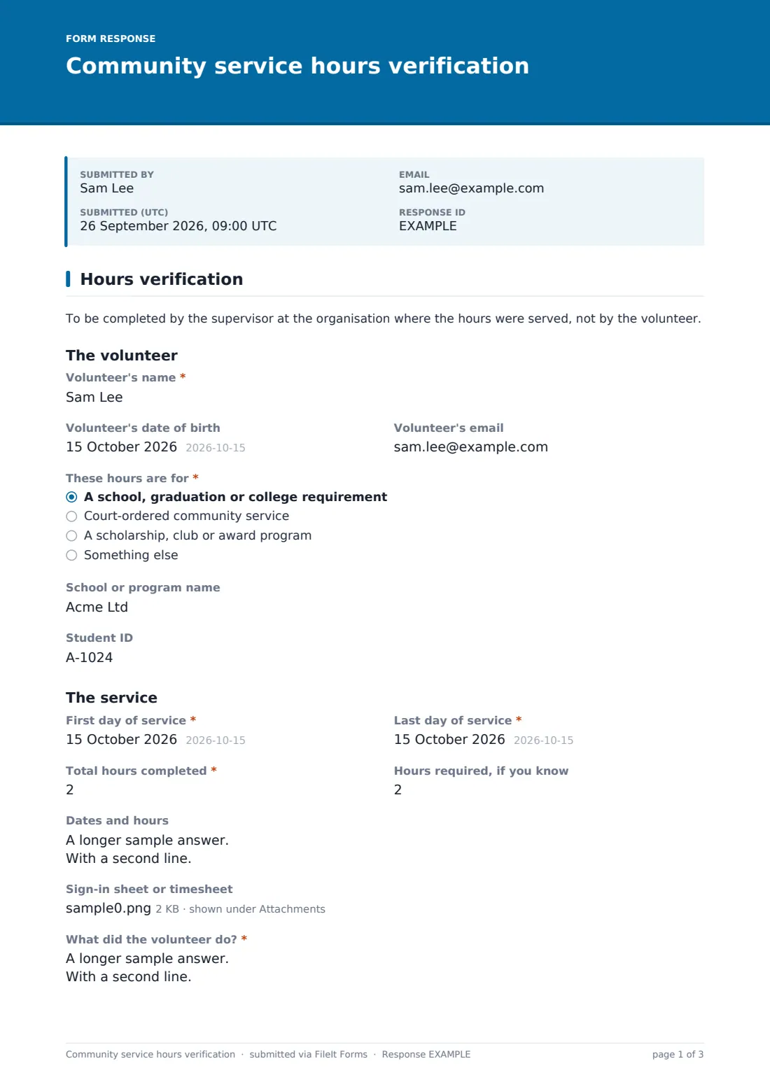 Community service hours verification — example response PDF, page 1 of 3