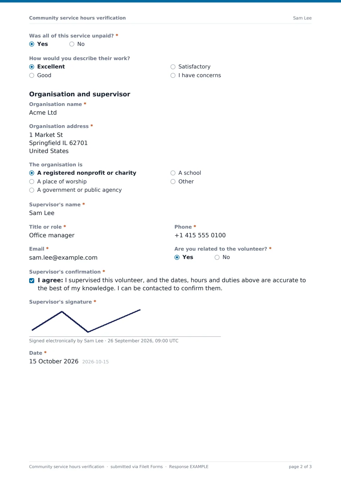 Community service hours verification — example response PDF, page 2 of 3