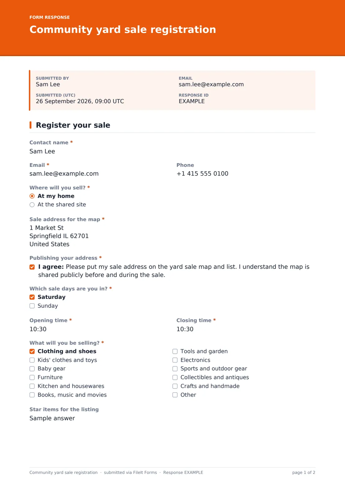 Community yard sale registration — example response PDF, page 1 of 2