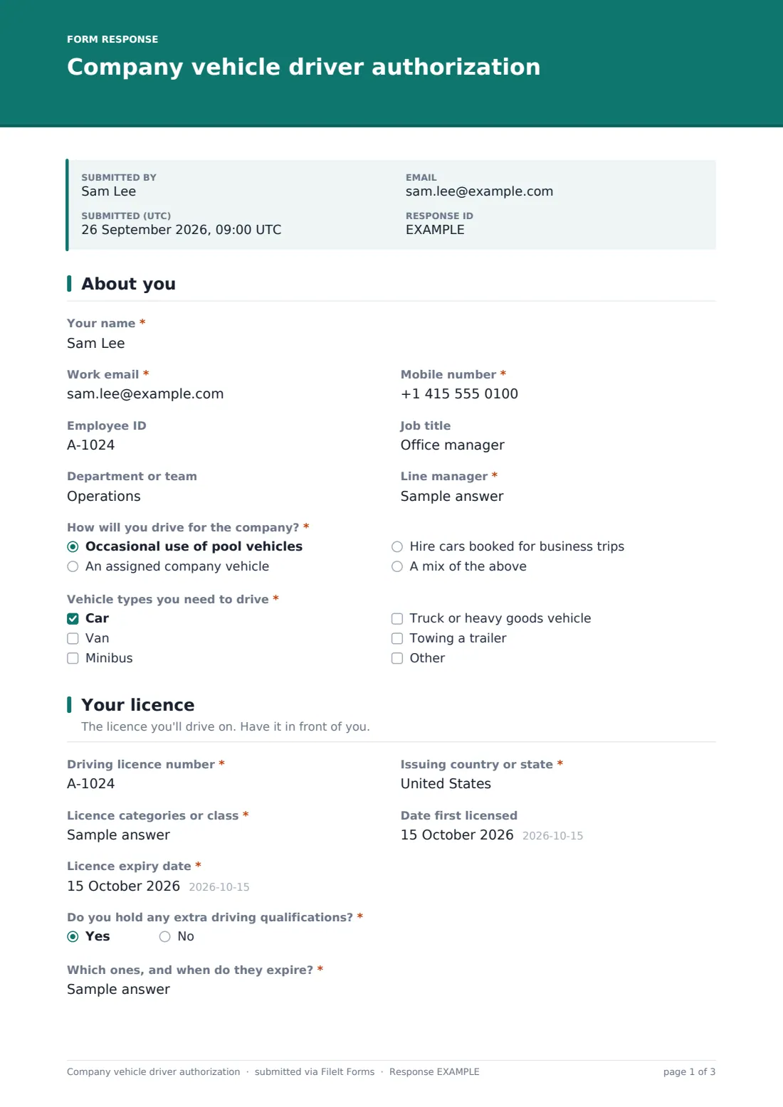 Company vehicle driver authorization — example response PDF, page 1 of 3