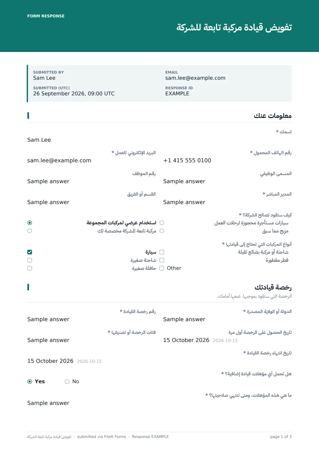 تفويض قيادة مركبة تابعة للشركة — ملف PDF لرد نموذجي، الصفحة 1 من 3