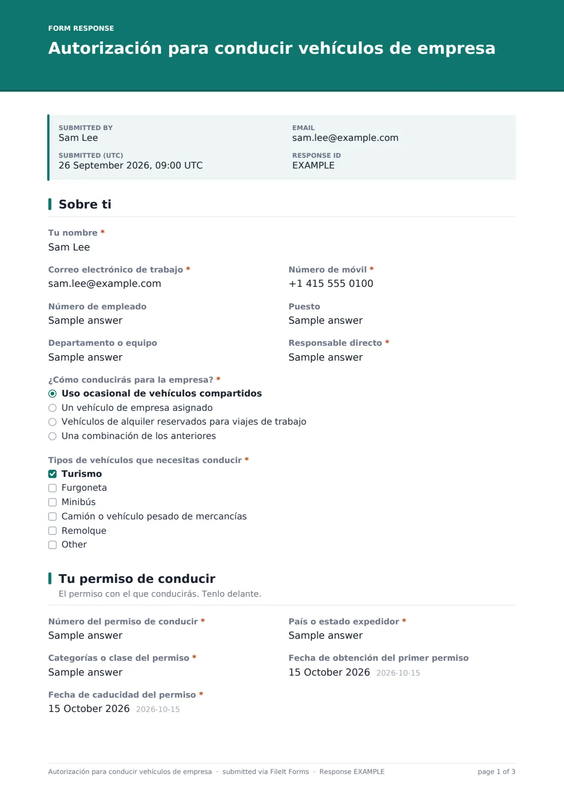 Autorización para conducir vehículos de empresa — PDF de respuesta de ejemplo, página 1 de 3