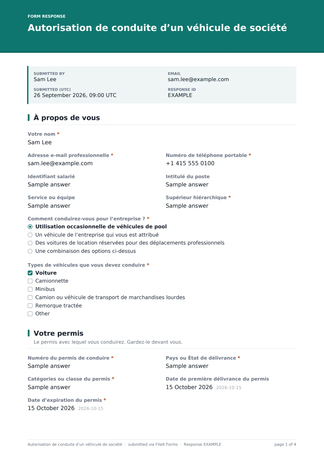Autorisation de conduite d’un véhicule de société — exemple de réponse au format PDF, page 1 sur 4