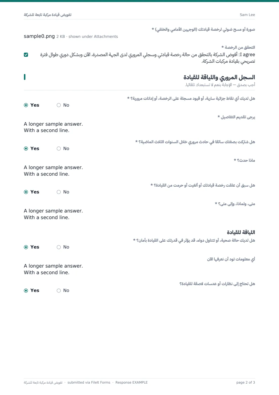 تفويض قيادة مركبة تابعة للشركة — ملف PDF لرد نموذجي، الصفحة 2 من 3