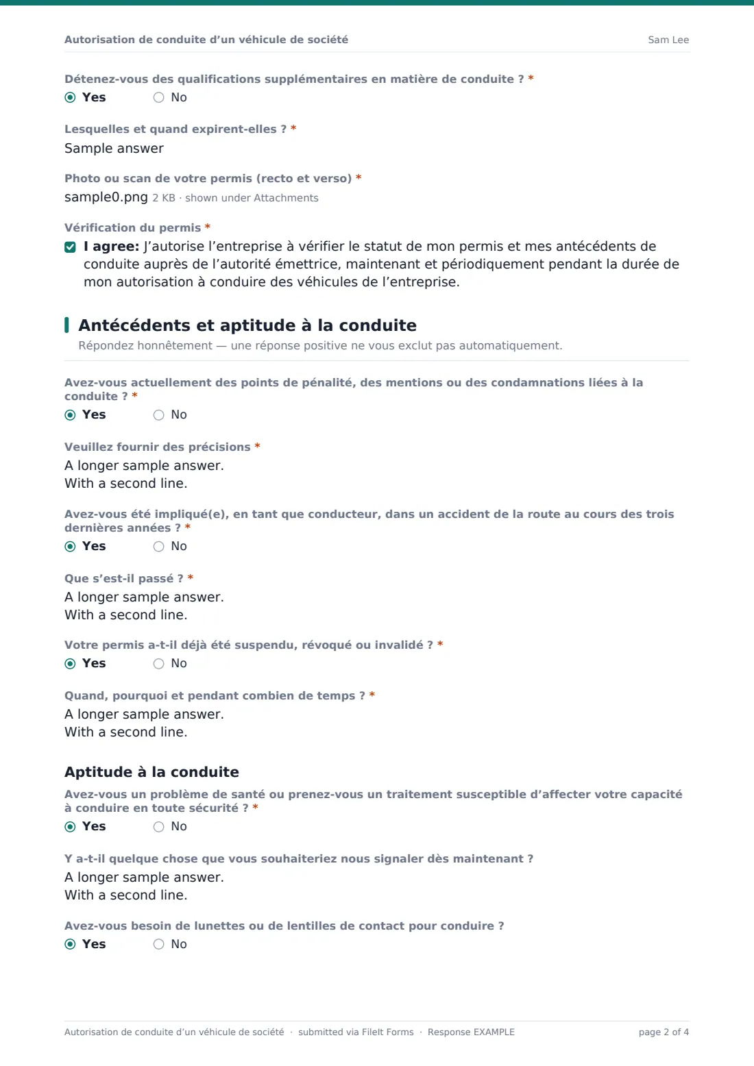 Autorisation de conduite d’un véhicule de société — exemple de réponse au format PDF, page 2 sur 4