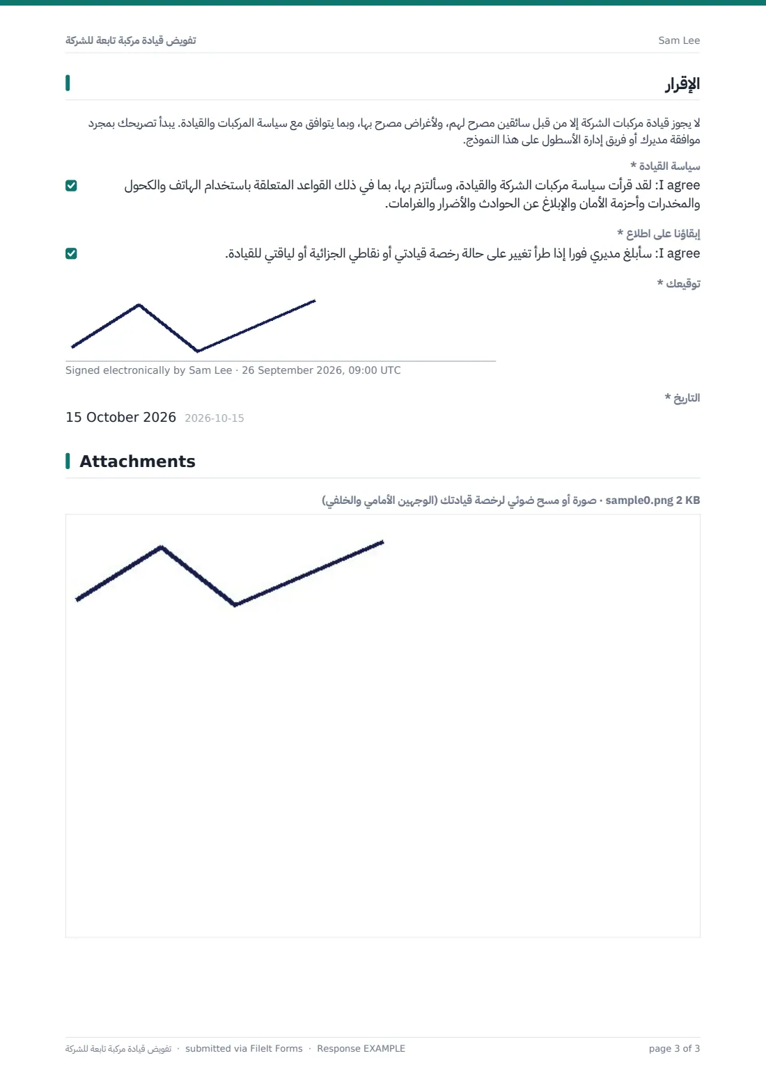 تفويض قيادة مركبة تابعة للشركة — ملف PDF لرد نموذجي، الصفحة 3 من 3