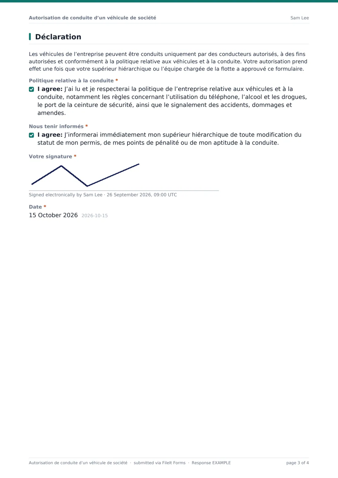Autorisation de conduite d’un véhicule de société — exemple de réponse au format PDF, page 3 sur 4