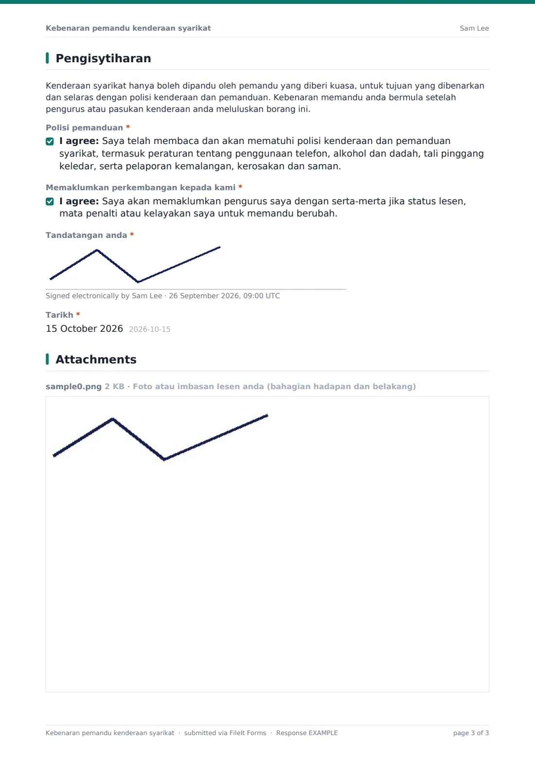 Kebenaran pemandu kenderaan syarikat — PDF respons contoh, halaman 3 daripada 3