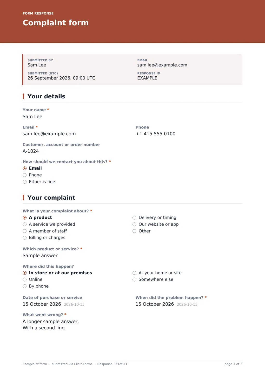 Complaint form — example response PDF, page 1 of 3