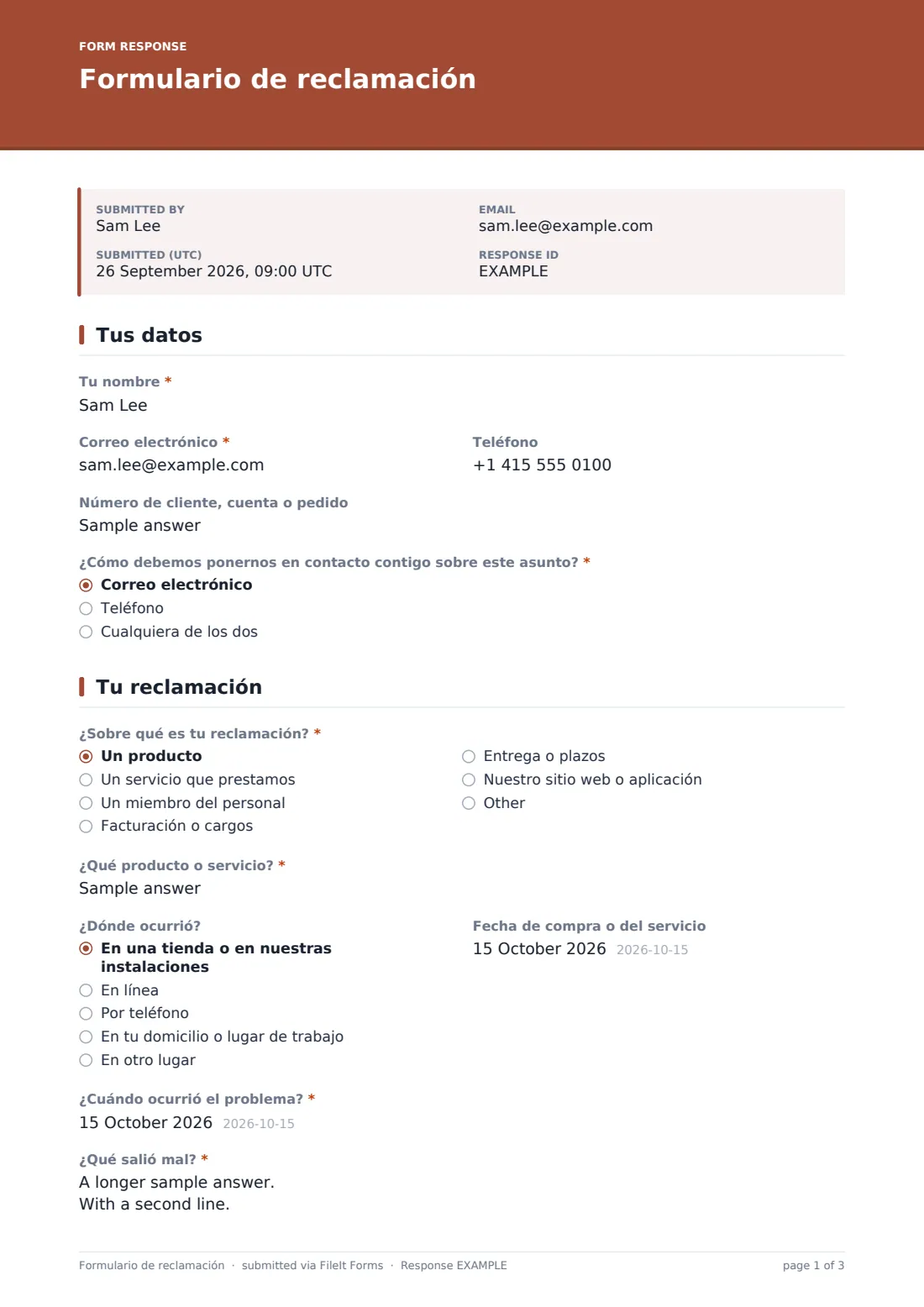 Formulario de reclamación — PDF de respuesta de ejemplo, página 1 de 3