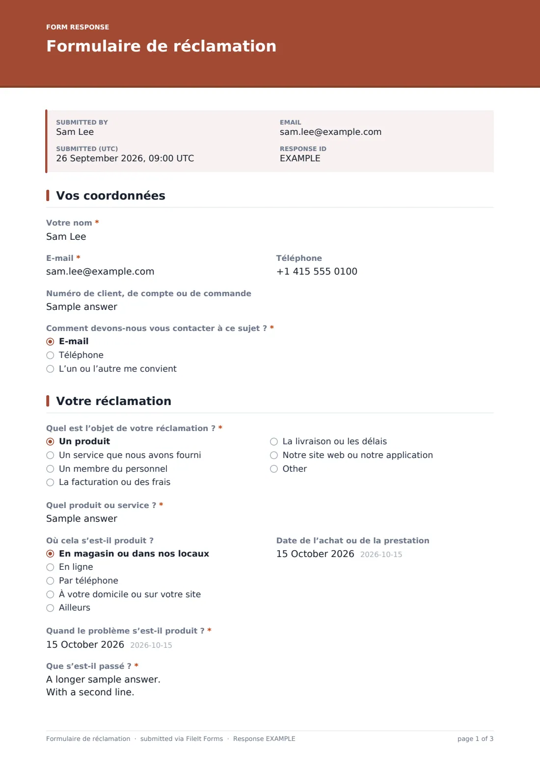 Formulaire de réclamation — exemple de réponse au format PDF, page 1 sur 3