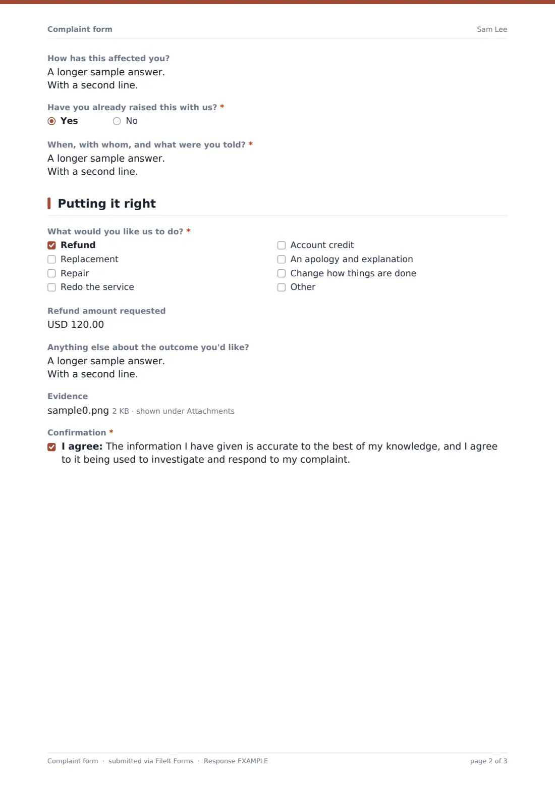 Complaint form — example response PDF, page 2 of 3