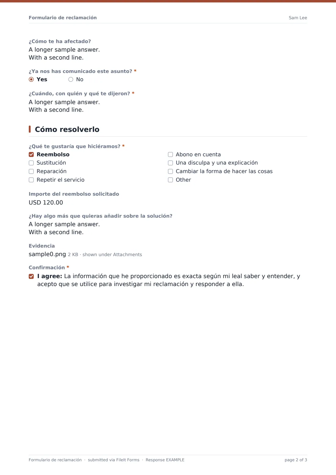 Formulario de reclamación — PDF de respuesta de ejemplo, página 2 de 3