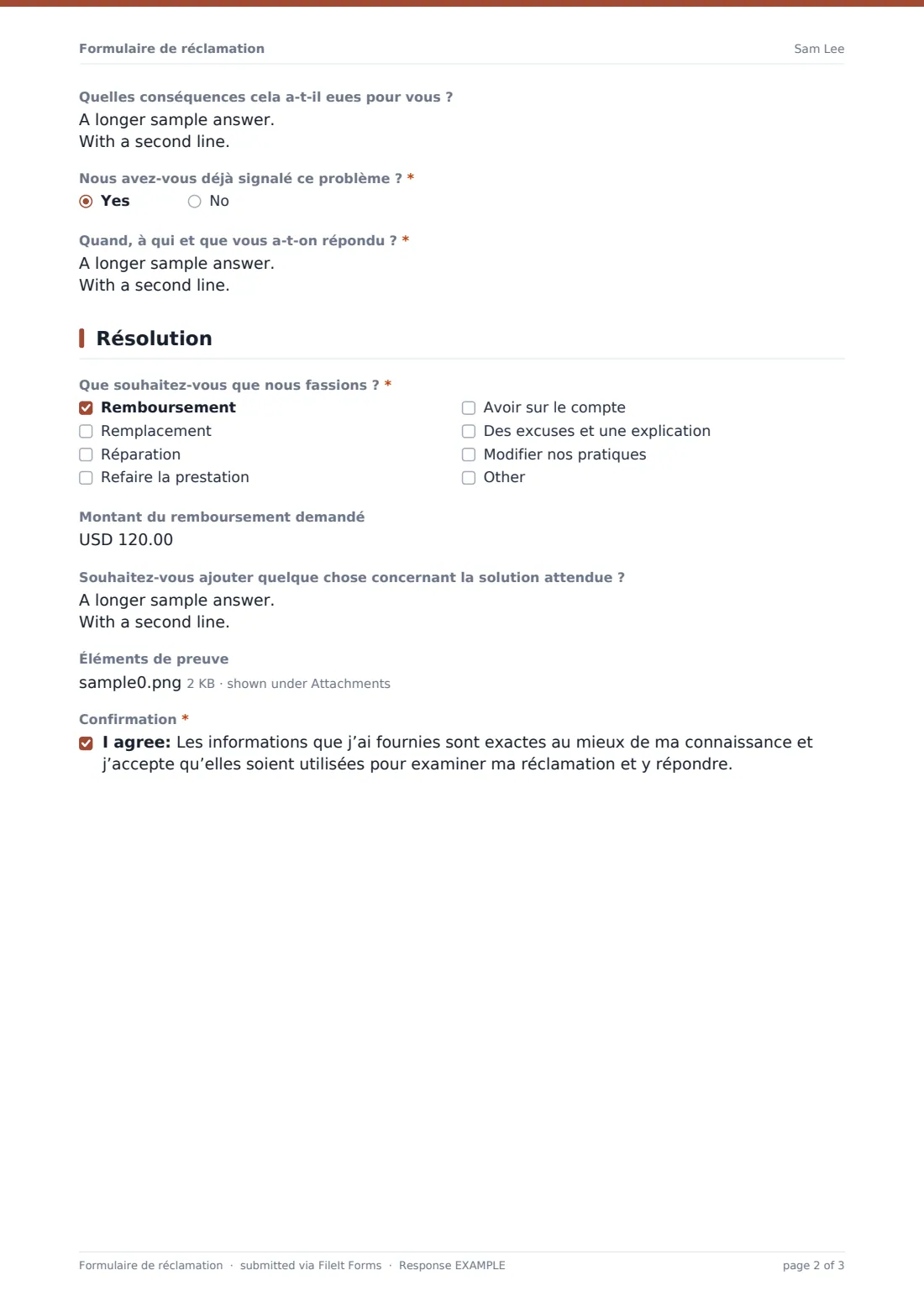 Formulaire de réclamation — exemple de réponse au format PDF, page 2 sur 3