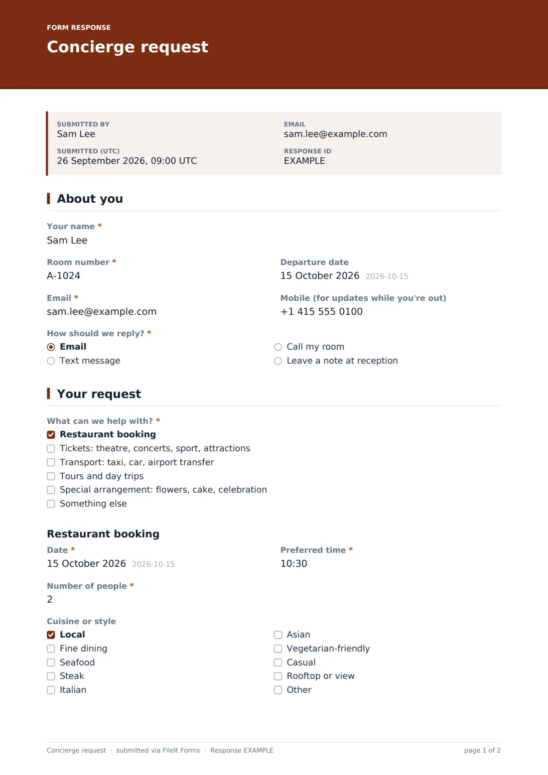 Concierge request — example response PDF, page 1 of 2