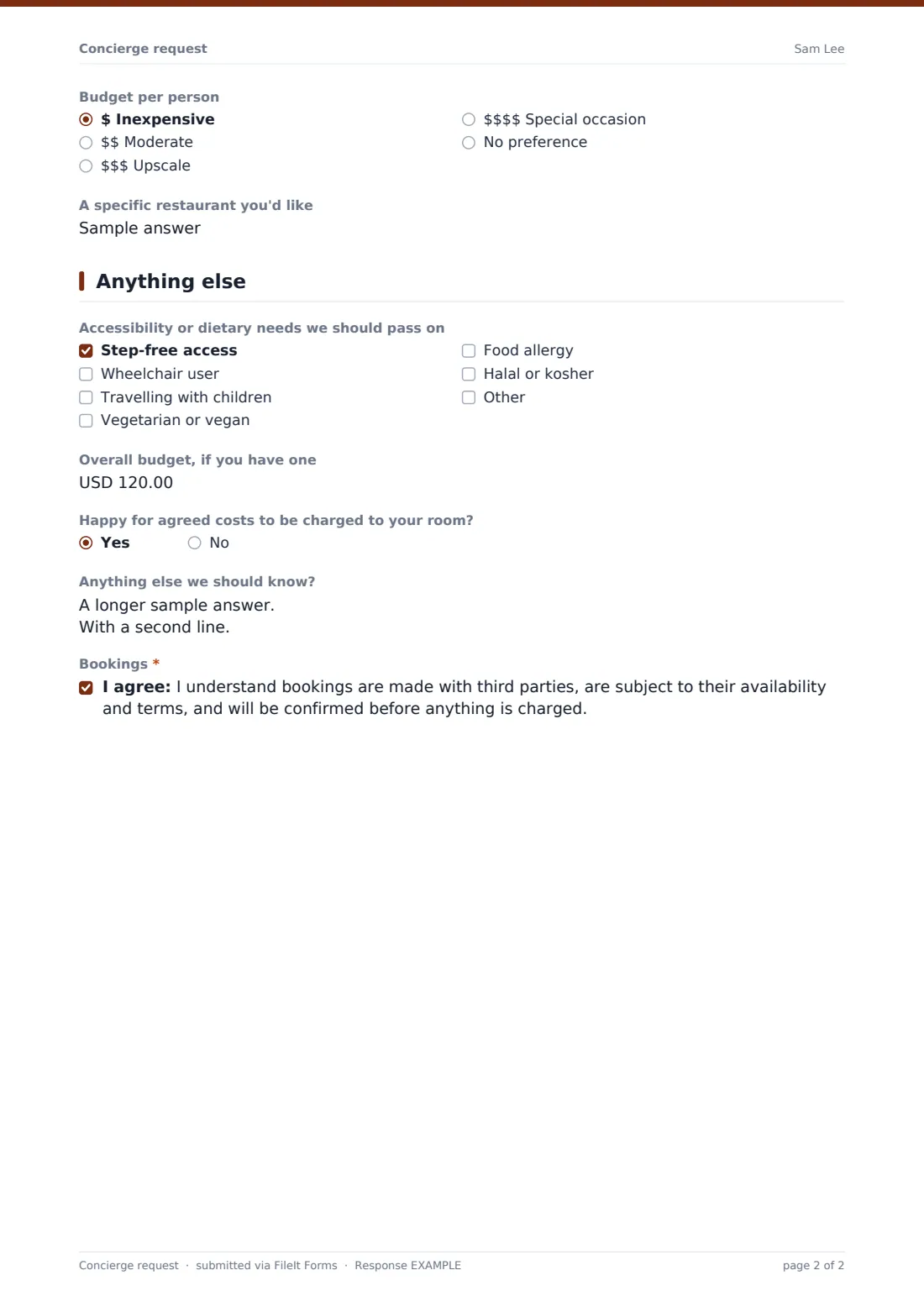 Concierge request — example response PDF, page 2 of 2