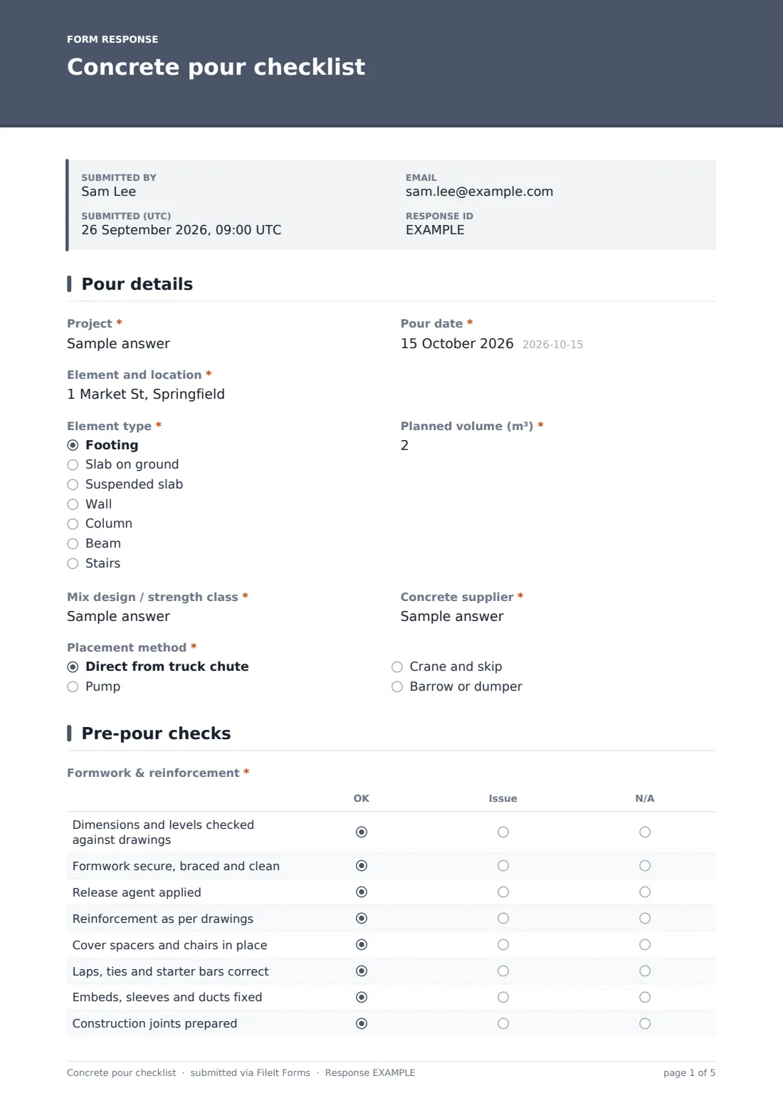 Concrete pour checklist — example response PDF, page 1 of 5