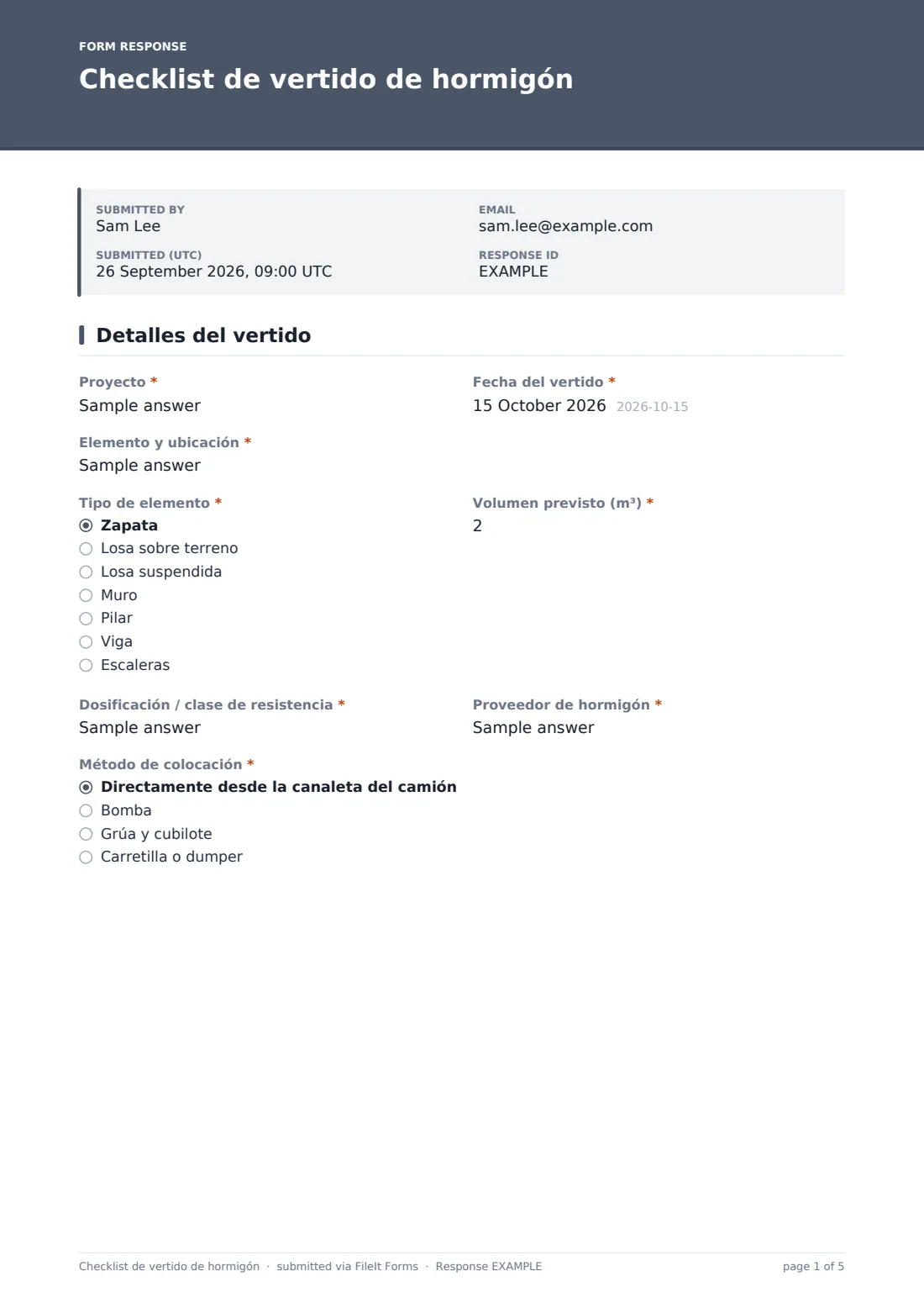 Checklist de vertido de hormigón — PDF de respuesta de ejemplo, página 1 de 5