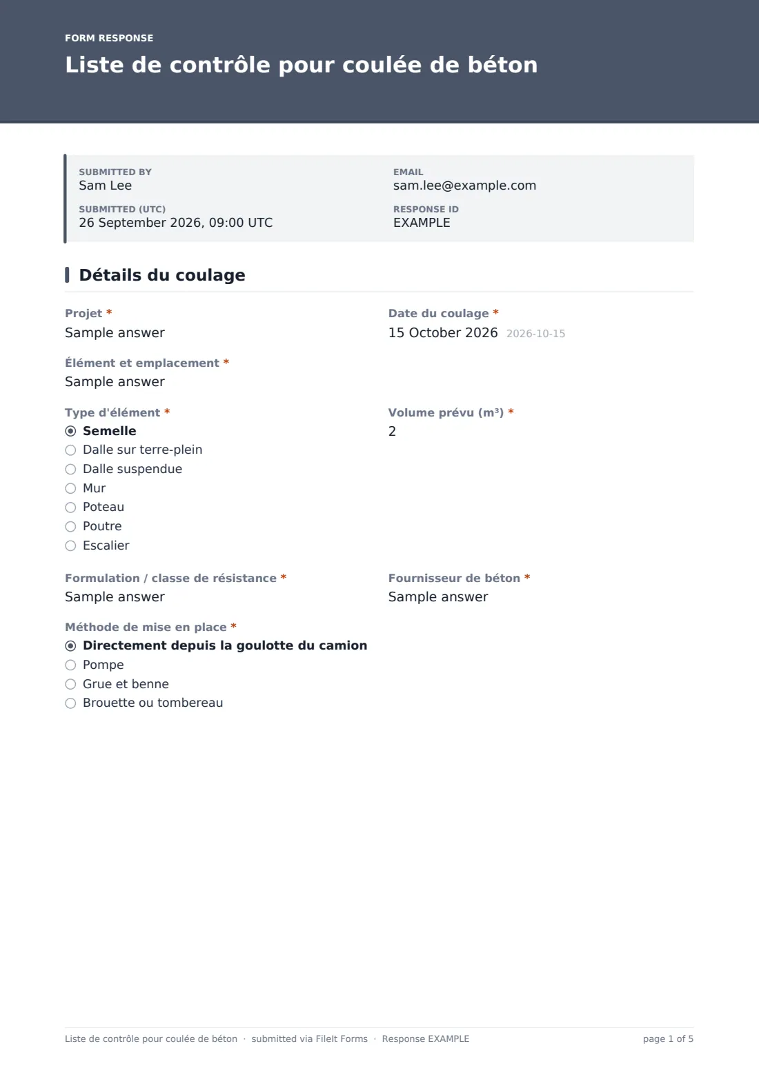 Liste de contrôle pour coulée de béton — exemple de réponse au format PDF, page 1 sur 5