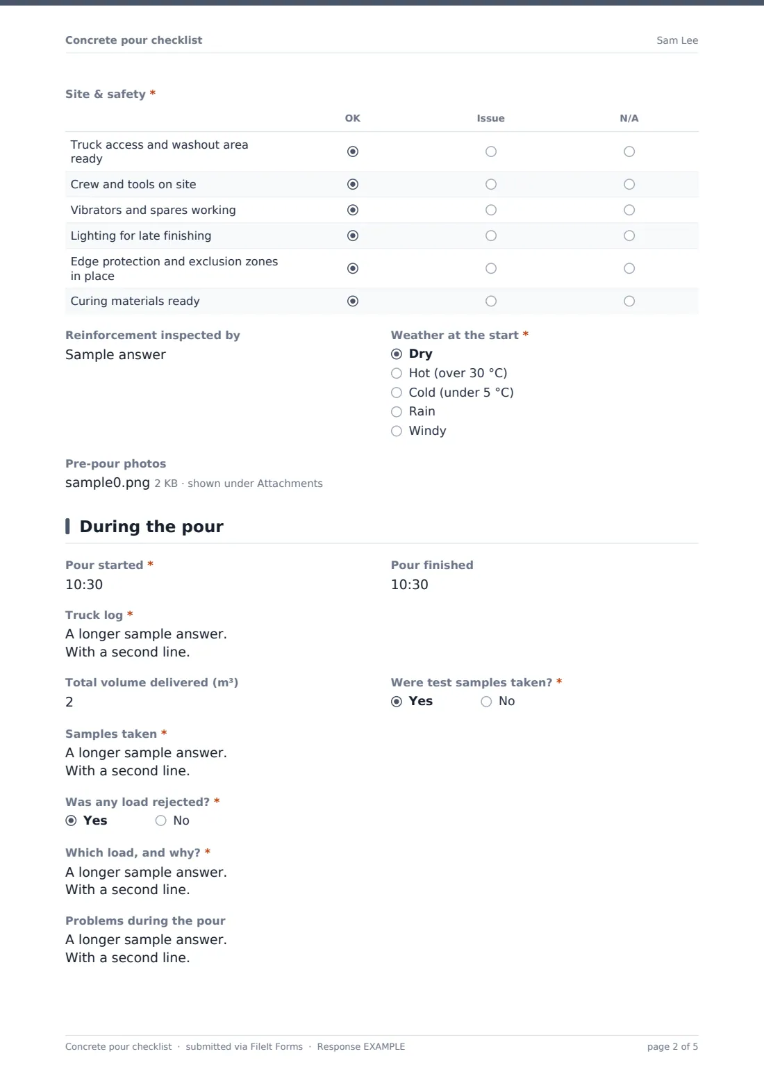 Concrete pour checklist — example response PDF, page 2 of 5