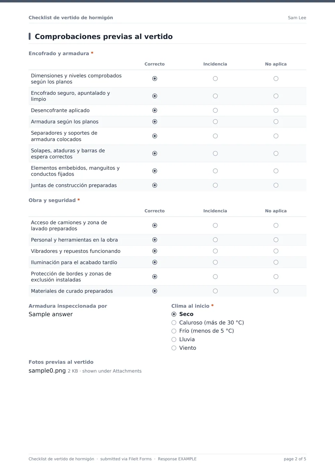 Checklist de vertido de hormigón — PDF de respuesta de ejemplo, página 2 de 5