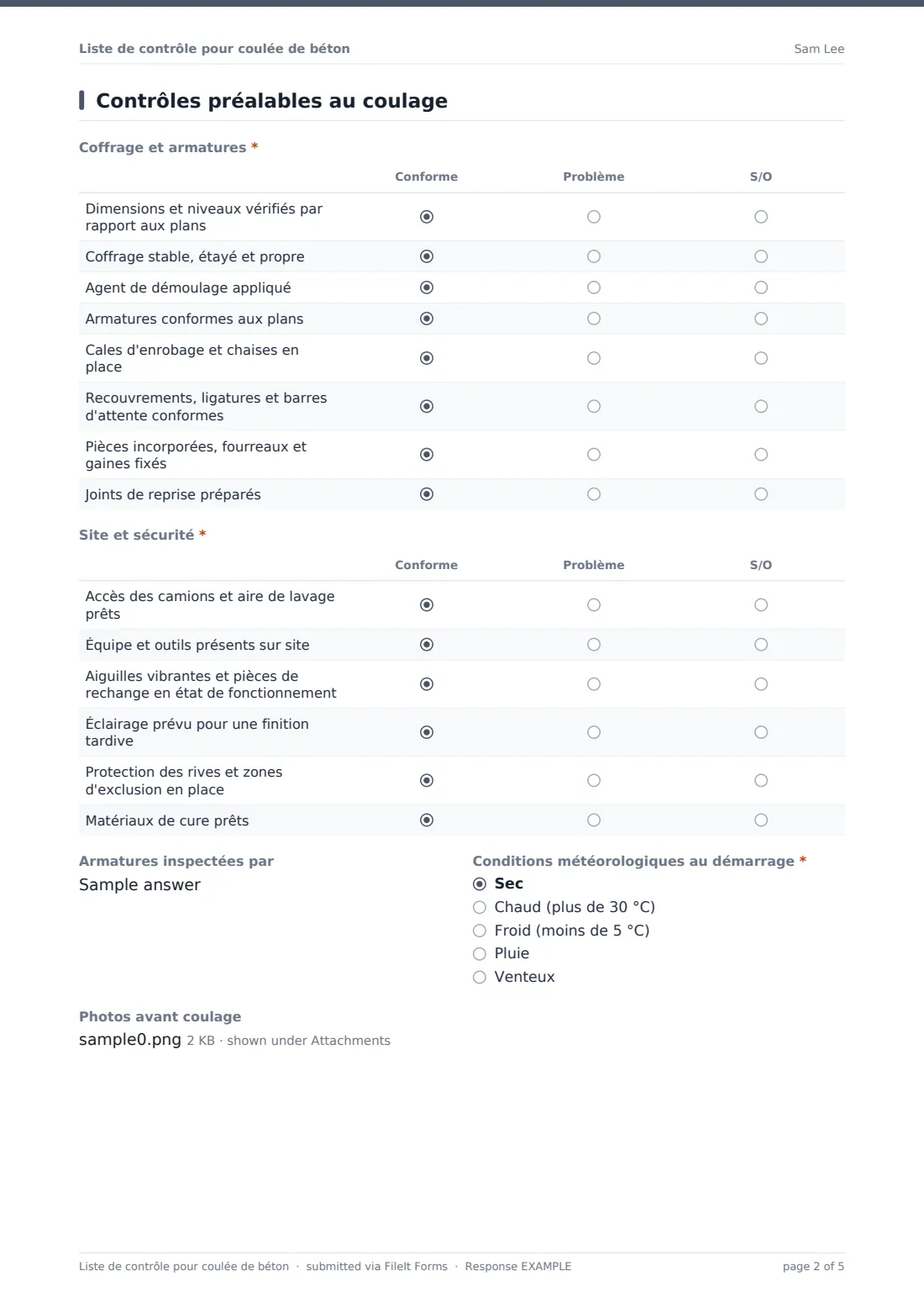 Liste de contrôle pour coulée de béton — exemple de réponse au format PDF, page 2 sur 5