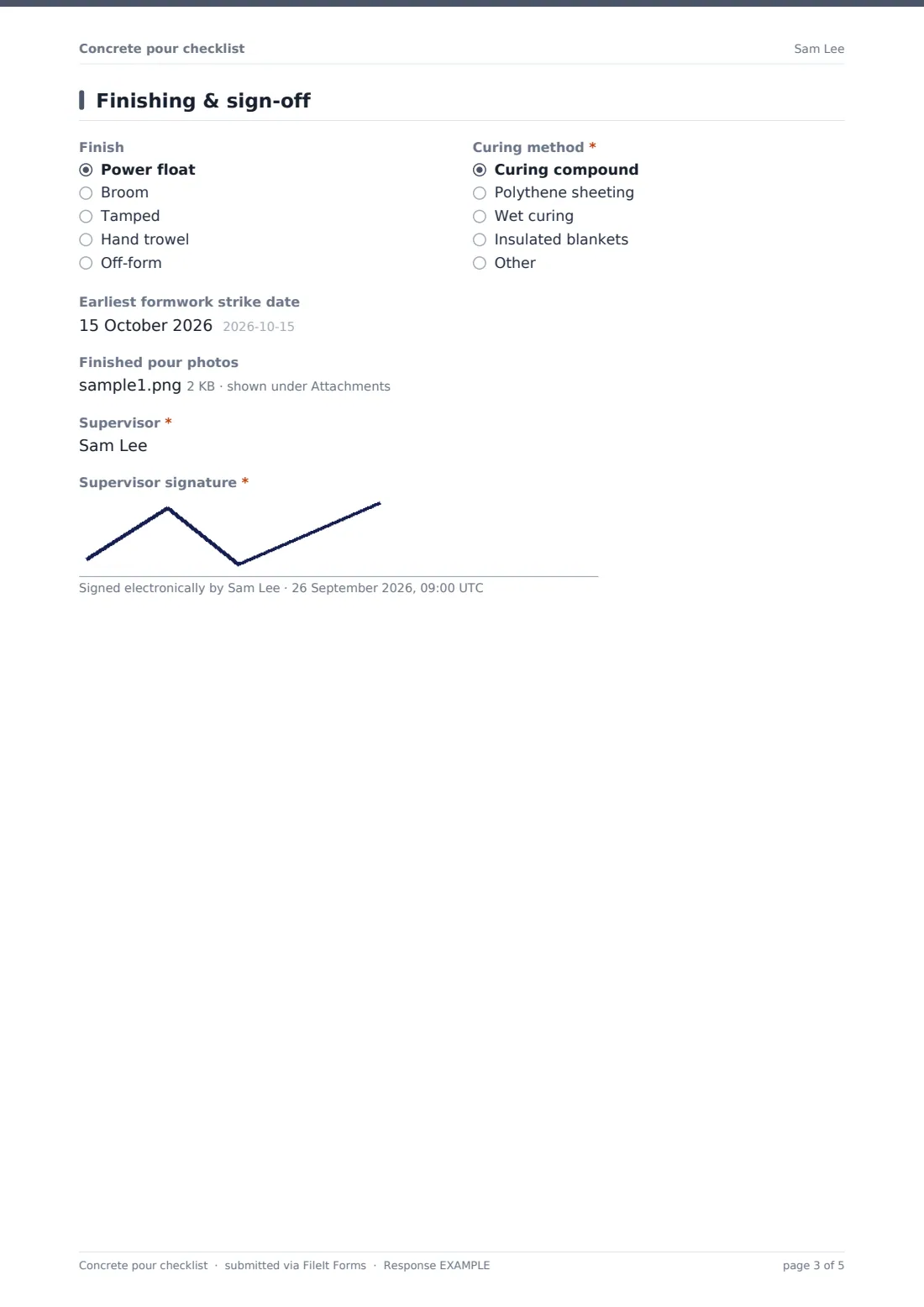 Concrete pour checklist — example response PDF, page 3 of 5
