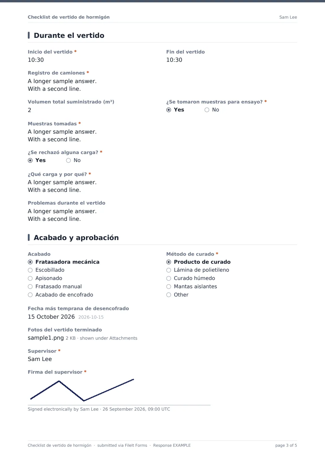 Checklist de vertido de hormigón — PDF de respuesta de ejemplo, página 3 de 5