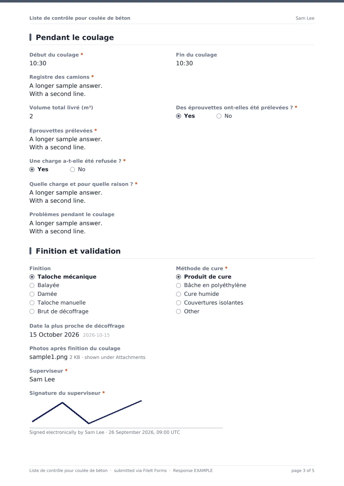 Liste de contrôle pour coulée de béton — exemple de réponse au format PDF, page 3 sur 5