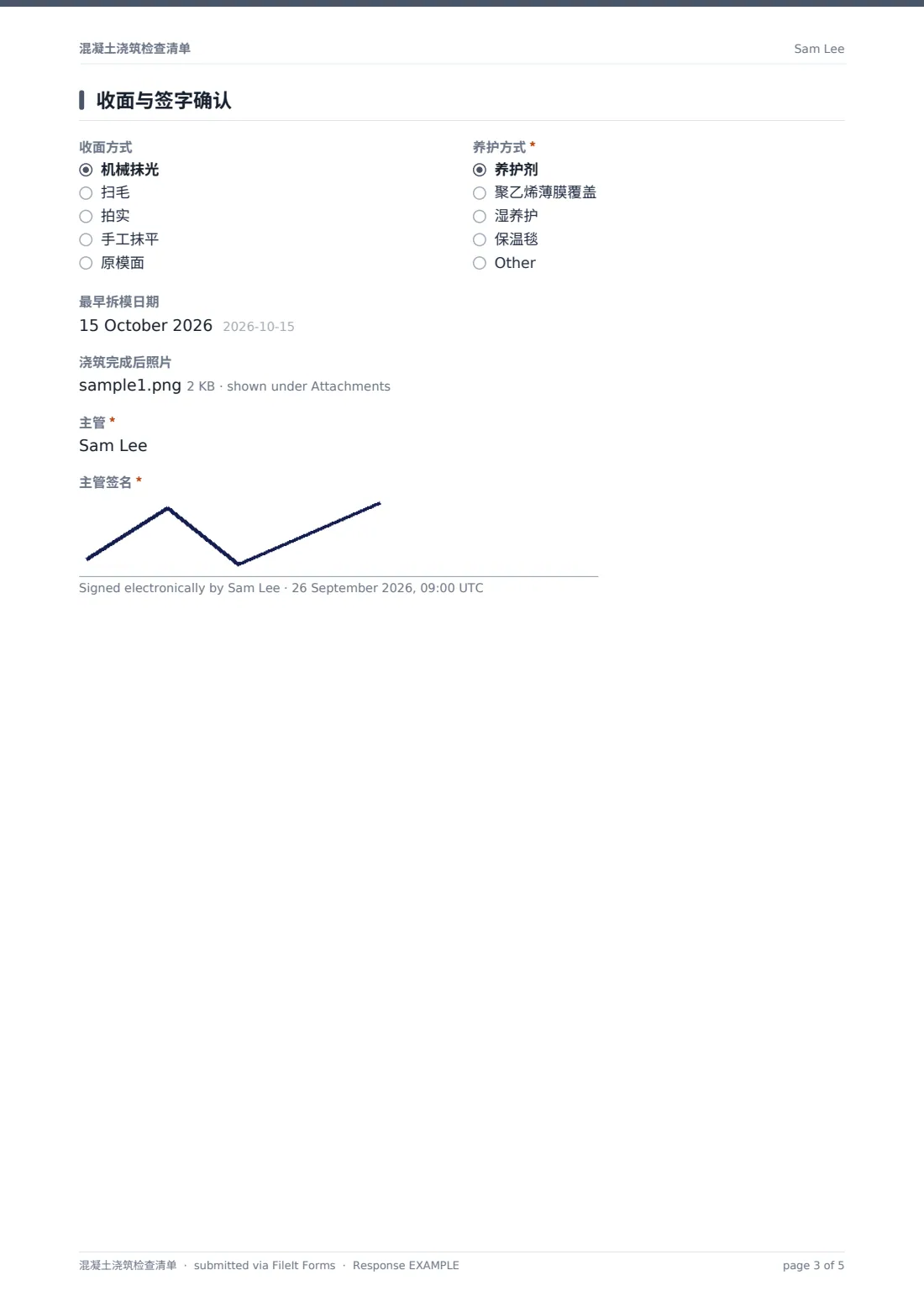 混凝土浇筑检查清单 — 示例回复 PDF，第 3 页，共 5 页