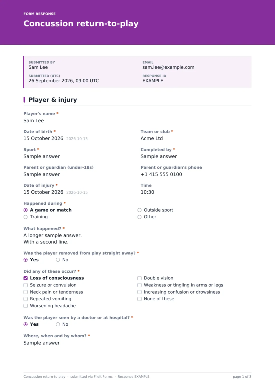 Concussion return-to-play — example response PDF, page 1 of 3