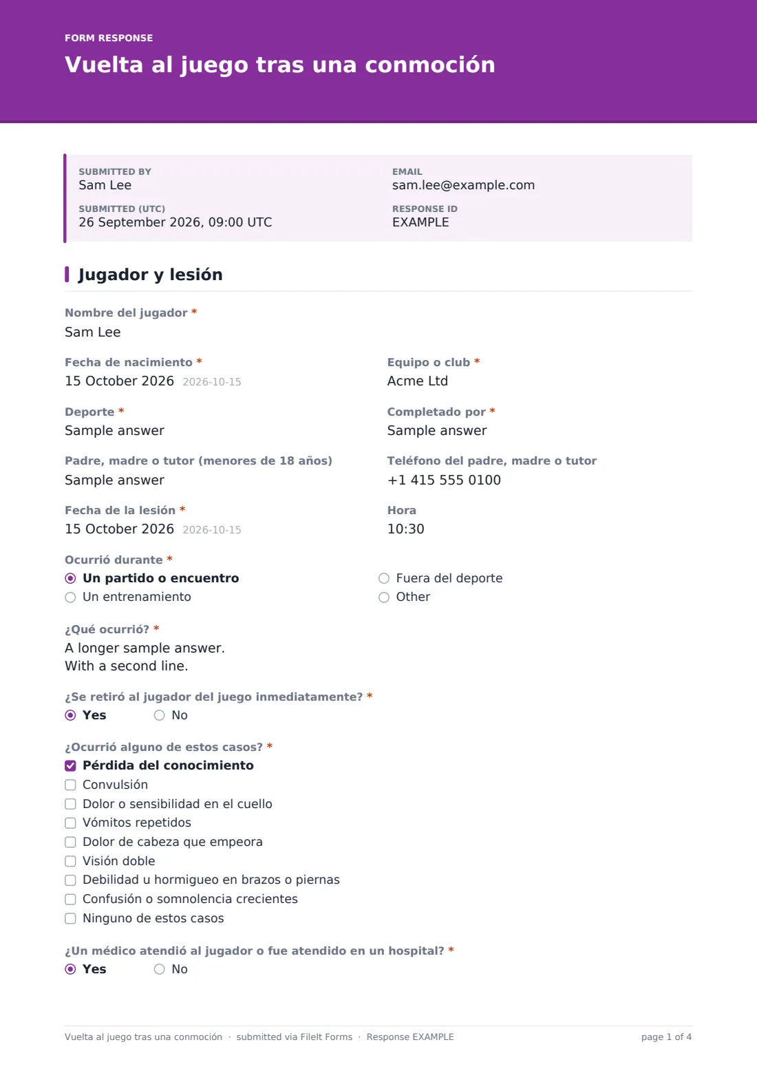 Vuelta al juego tras una conmoción — PDF de respuesta de ejemplo, página 1 de 4