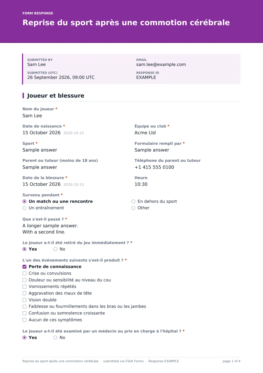 Reprise du sport après une commotion cérébrale — exemple de réponse au format PDF, page 1 sur 4