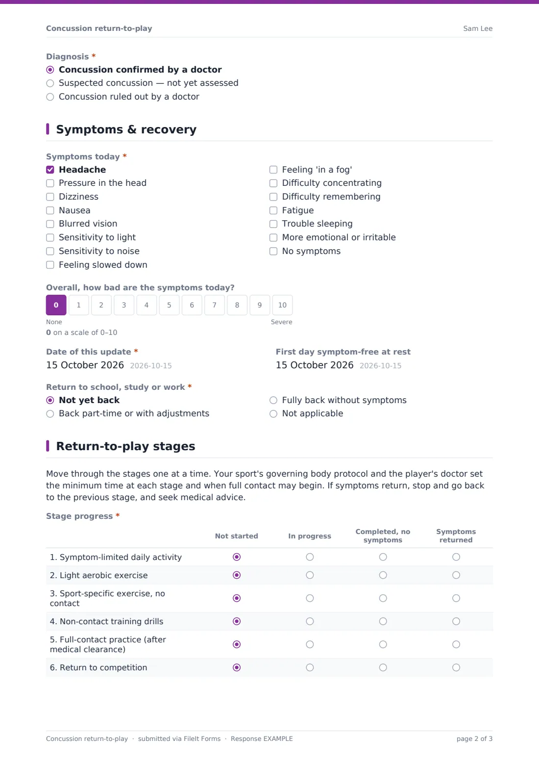 Concussion return-to-play — example response PDF, page 2 of 3