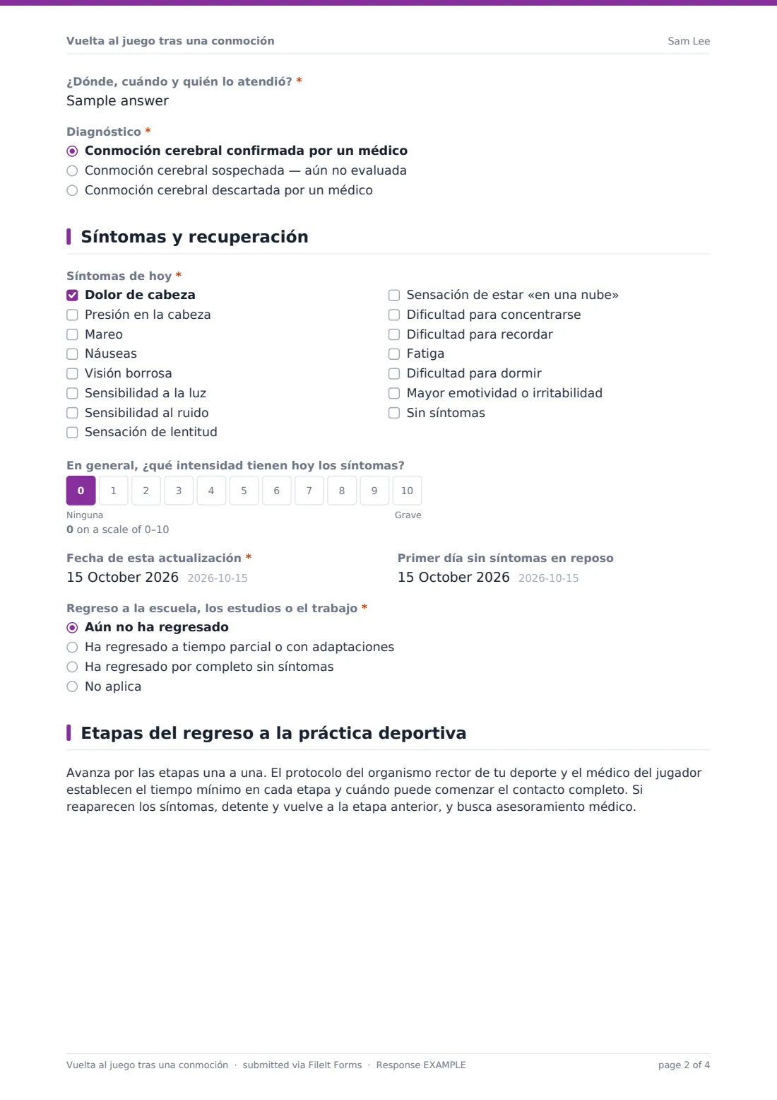 Vuelta al juego tras una conmoción — PDF de respuesta de ejemplo, página 2 de 4