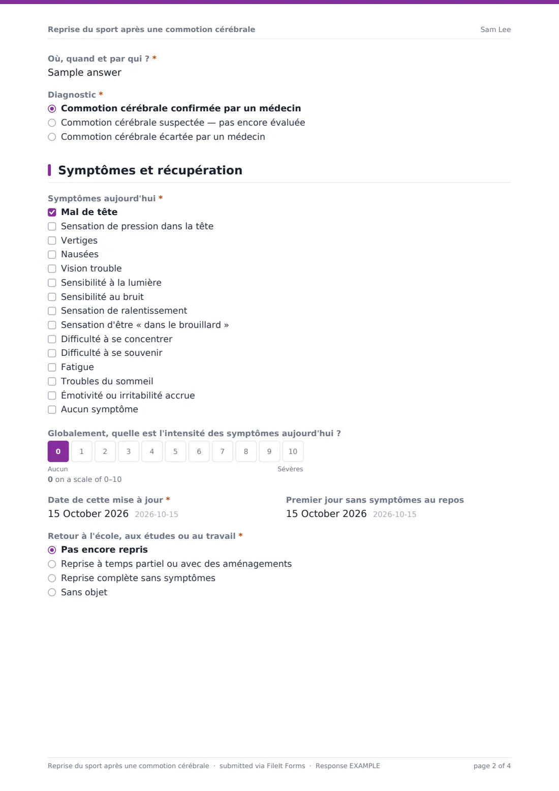 Reprise du sport après une commotion cérébrale — exemple de réponse au format PDF, page 2 sur 4