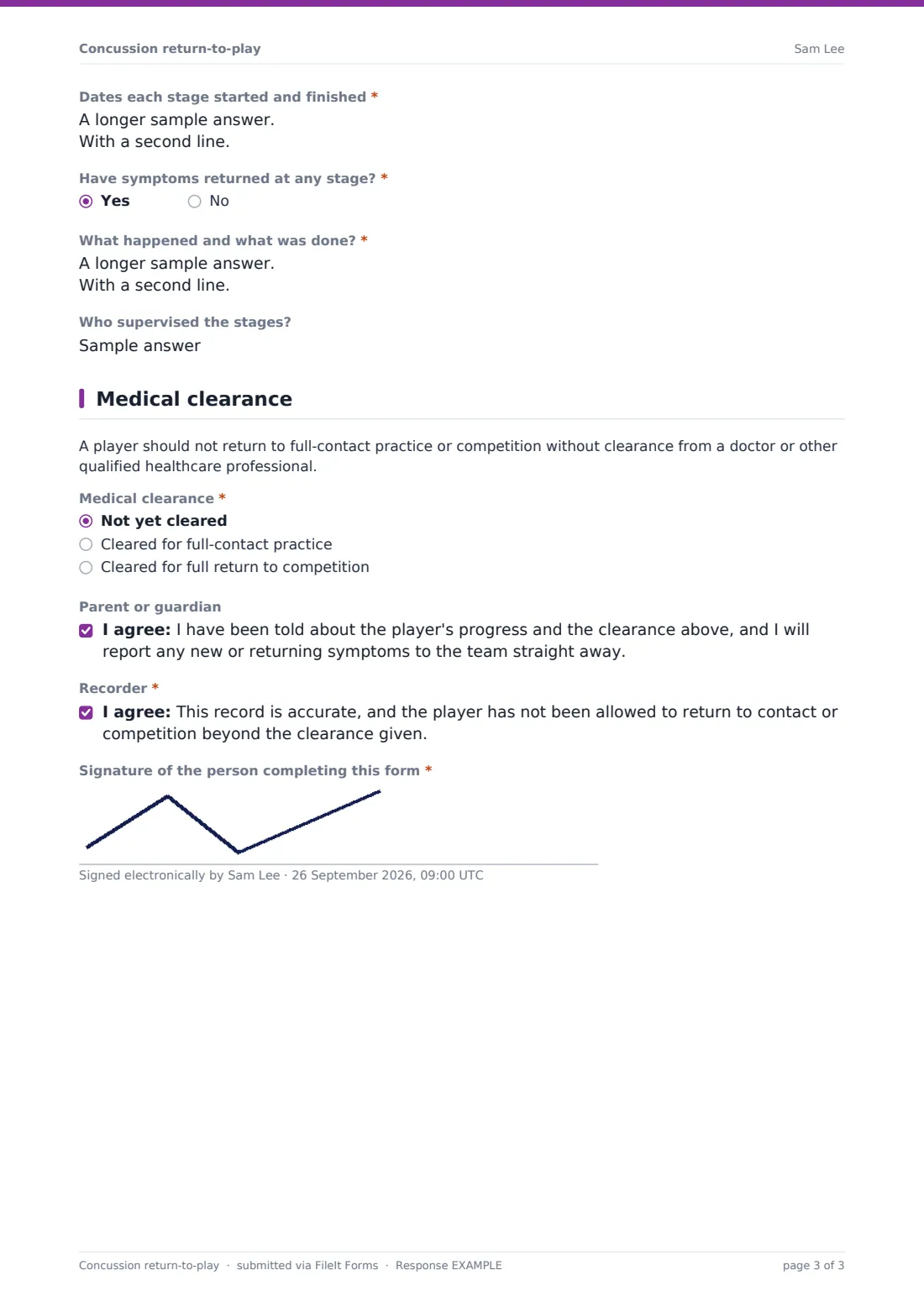 Concussion return-to-play — example response PDF, page 3 of 3