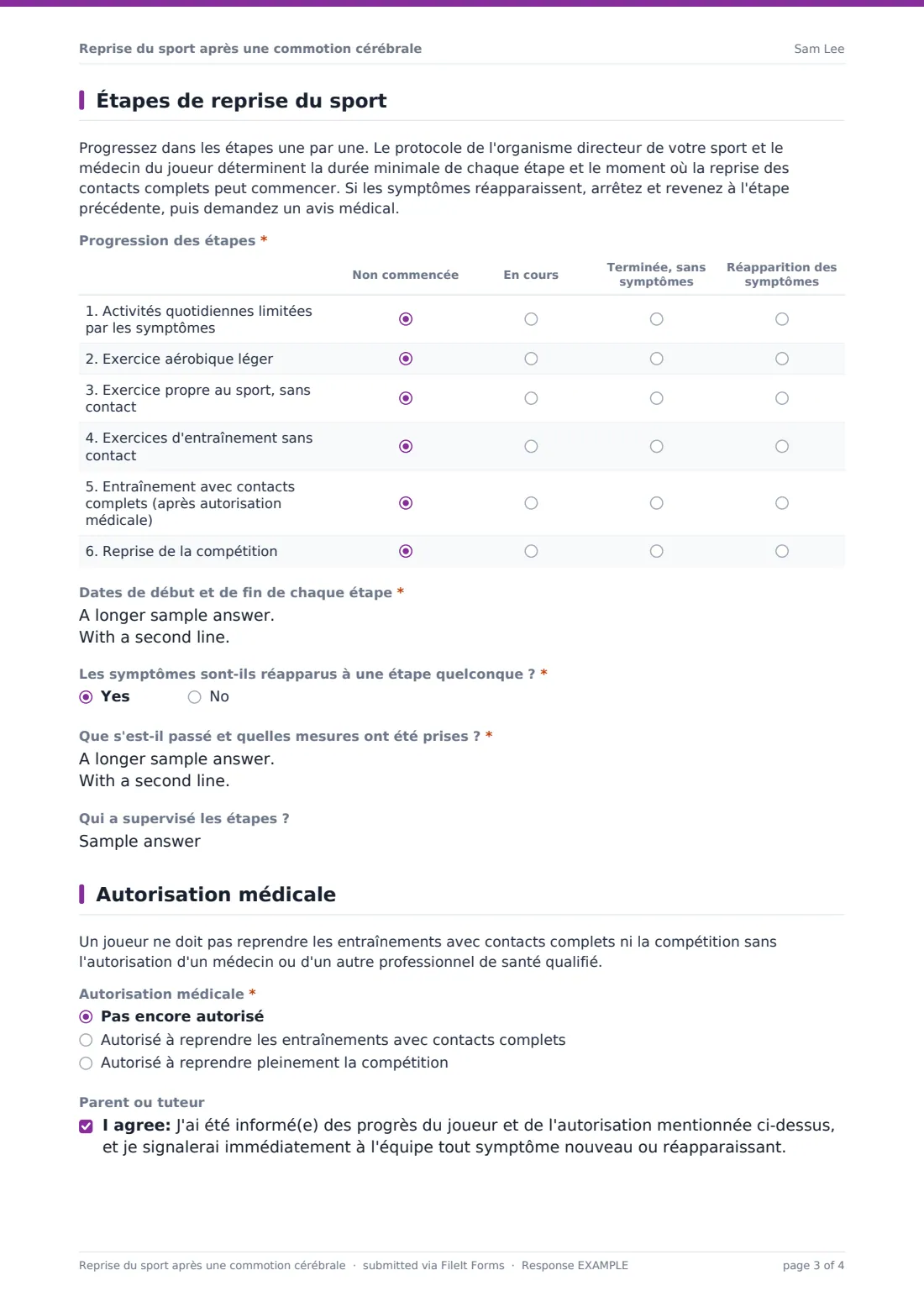 Reprise du sport après une commotion cérébrale — exemple de réponse au format PDF, page 3 sur 4