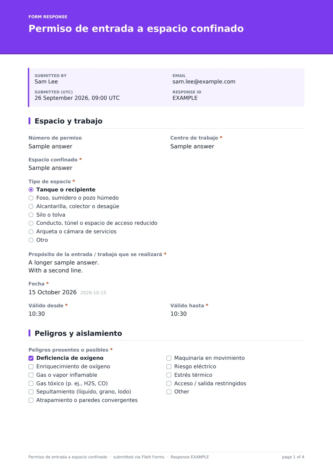Permiso de entrada a espacio confinado — PDF de respuesta de ejemplo, página 1 de 4