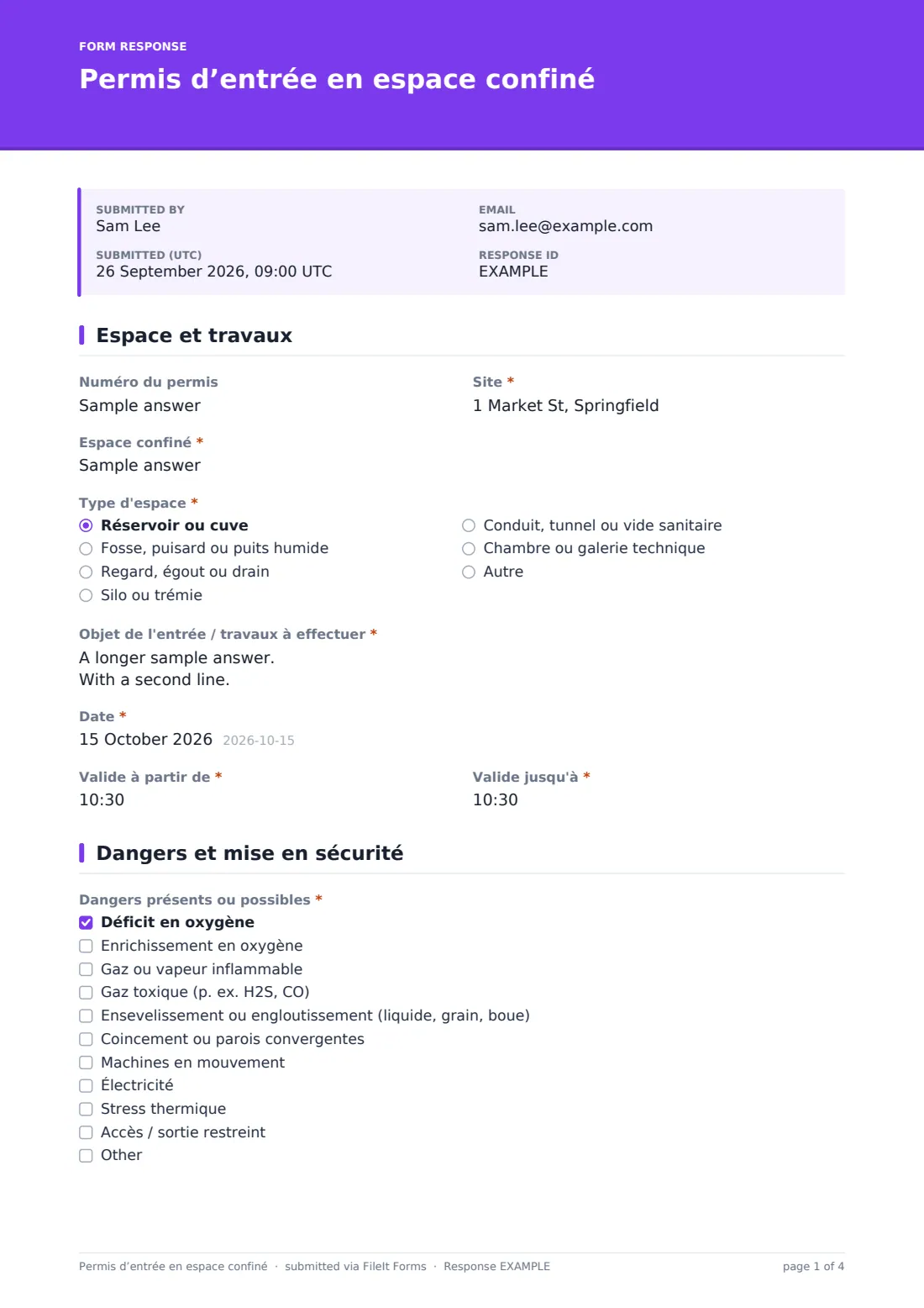 Permis d’entrée en espace confiné — exemple de réponse au format PDF, page 1 sur 4