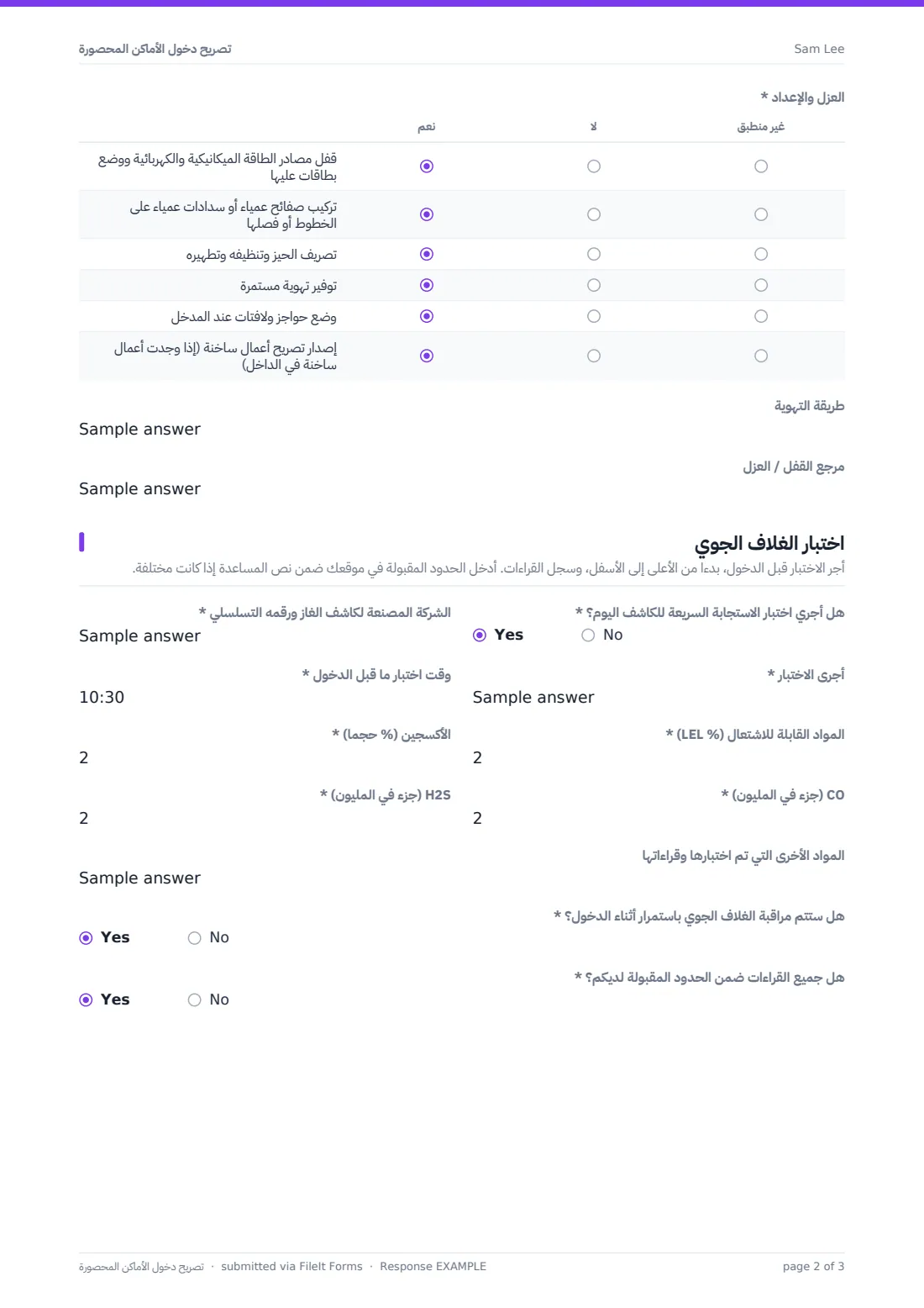 تصريح دخول الأماكن المحصورة — ملف PDF لرد نموذجي، الصفحة 2 من 3