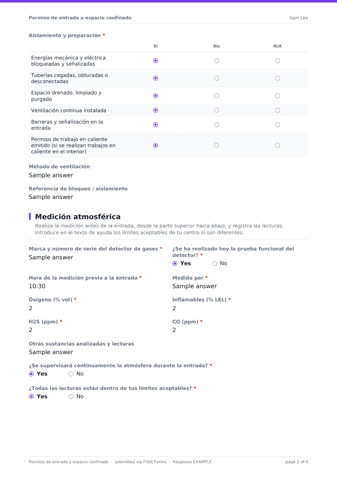 Permiso de entrada a espacio confinado — PDF de respuesta de ejemplo, página 2 de 4