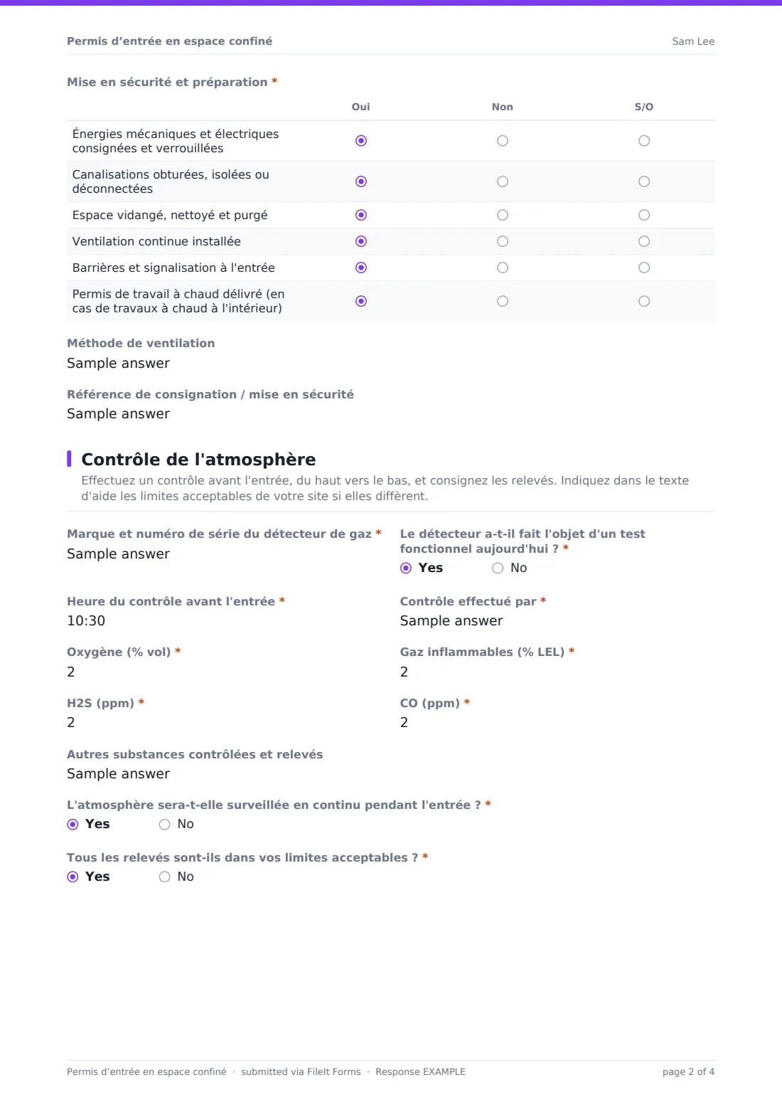 Permis d’entrée en espace confiné — exemple de réponse au format PDF, page 2 sur 4
