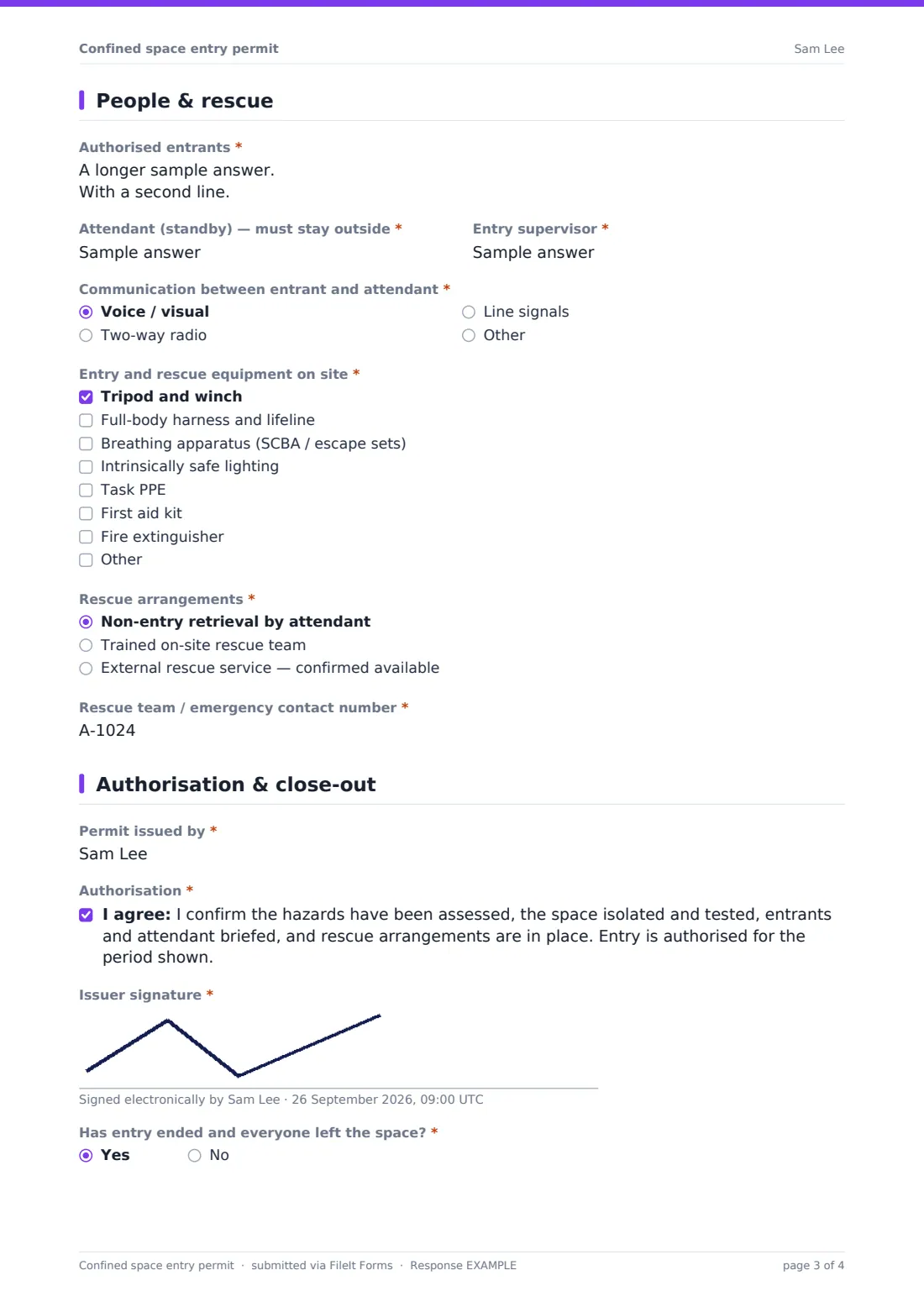 Confined space entry permit — example response PDF, page 3 of 4