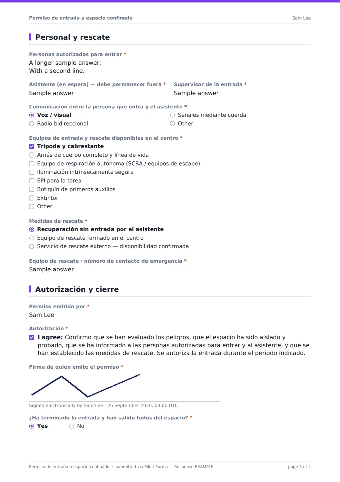 Permiso de entrada a espacio confinado — PDF de respuesta de ejemplo, página 3 de 4