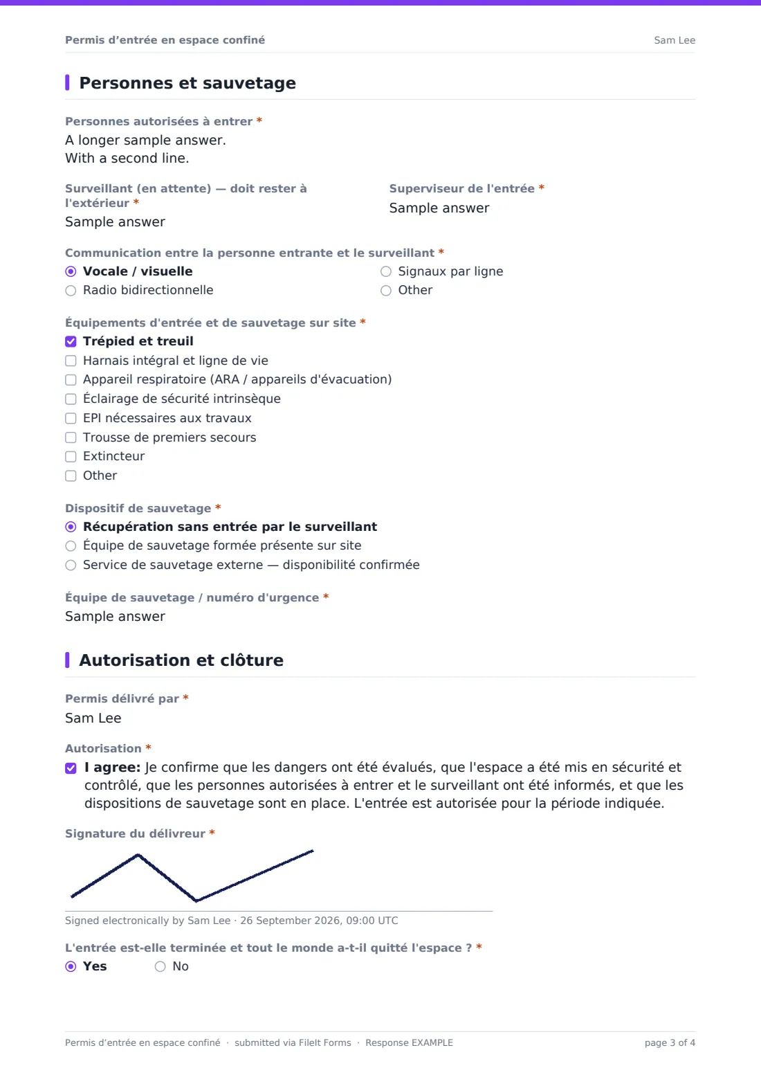 Permis d’entrée en espace confiné — exemple de réponse au format PDF, page 3 sur 4